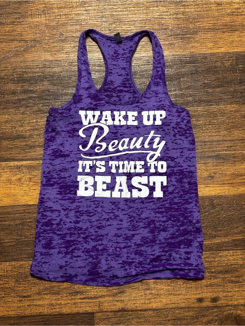 Next Level Apparel Purple Burnout Racerback Tank with White Motivational Graphic